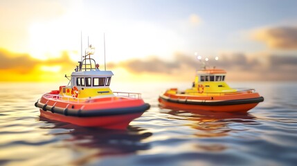 Fototapeta premium Rescue boats navigate through expansive waters, symbolizing hope and determination in the face of vast challenges.