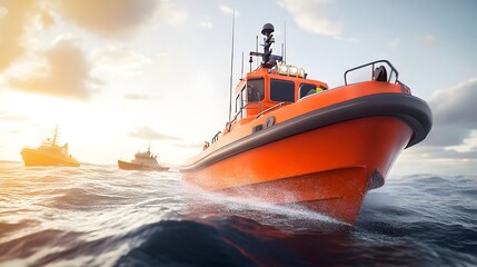 Obraz premium Rescue boats navigate through expansive waters, symbolizing hope and determination in the face of vast challenges.