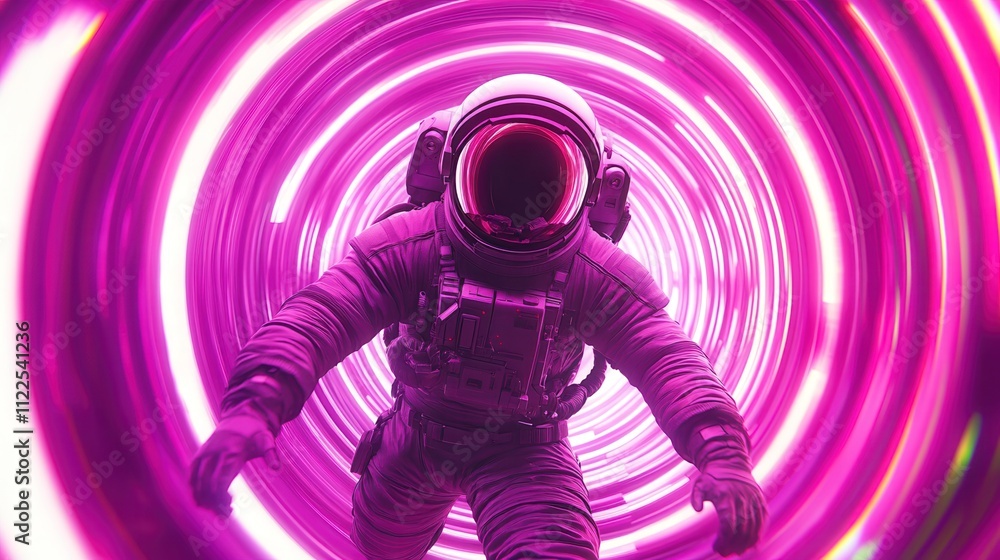 Poster a vibrant image of an astronaut navigating through a swirling tunnel of pink light, evoking a sense 