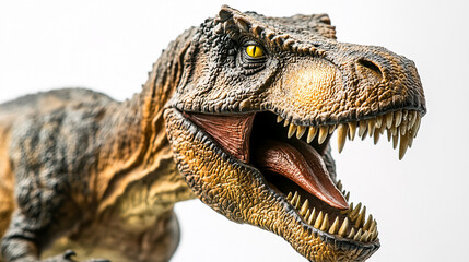 Fototapeta premium An extreme close-up of a menacing T-Rex dinosaur figurine set against a clean white backdrop, showcasing its sharp teeth.