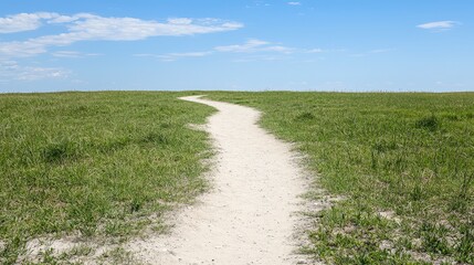 Serene Countryside Path  Winding Road Through Green Grass Field Under Blue Sky