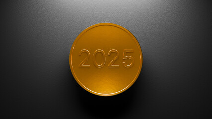 Gold coin with numbers 2025 on dark textured background, 3d illustration