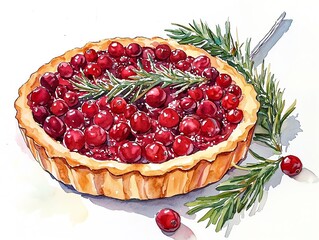 A delicious cranberry tart topped with fresh cranberries and garnished with rosemary on a white isolated background.