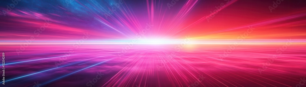 Poster a vibrant abstract image featuring radiant pink and blue light rays converging towards a bright cent