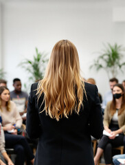background image of a business seminar in a bright conference room