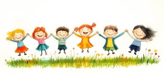 Fototapeta premium Cute cartoon children's drawing of many happy kids holding hands and jumping, white background, colorful , simple hand drawn style,