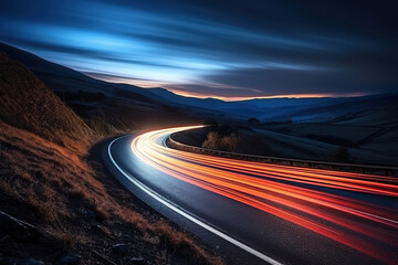 Unique Curvy Road Featuring Light Trails Amidst Scenic Countryside Views