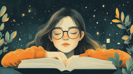 Dreamy girl reading book under starry night sky with orange sweater and glasses, surrounded by leaves and magical atmosphere
