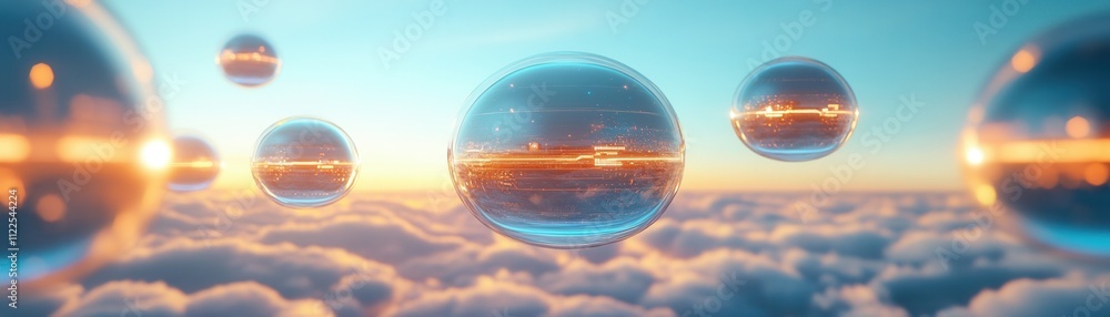 Poster a surreal scene featuring floating bubbles above colorful clouds, illuminated by a warm, ambient lig
