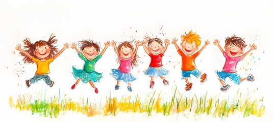 Fototapeta premium Cute cartoon children's drawing of many happy kids holding hands and jumping, white background, colorful , simple hand drawn style,
