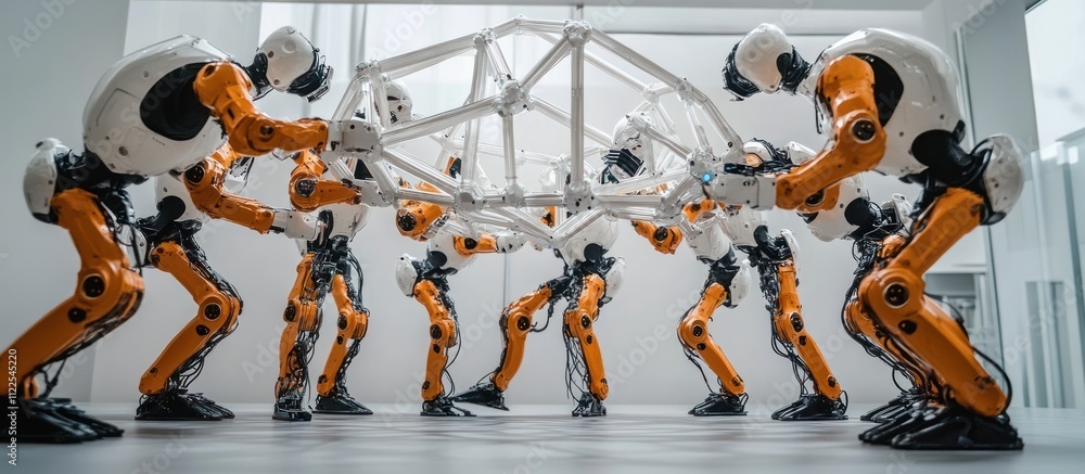 Poster a group of humanoid robots are working together to construct a structure.