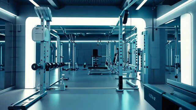 Many gym-goers can be seen exercising on numerous machines and treadmills in a bustling gym setting, A futuristic gym with robotic workout equipment