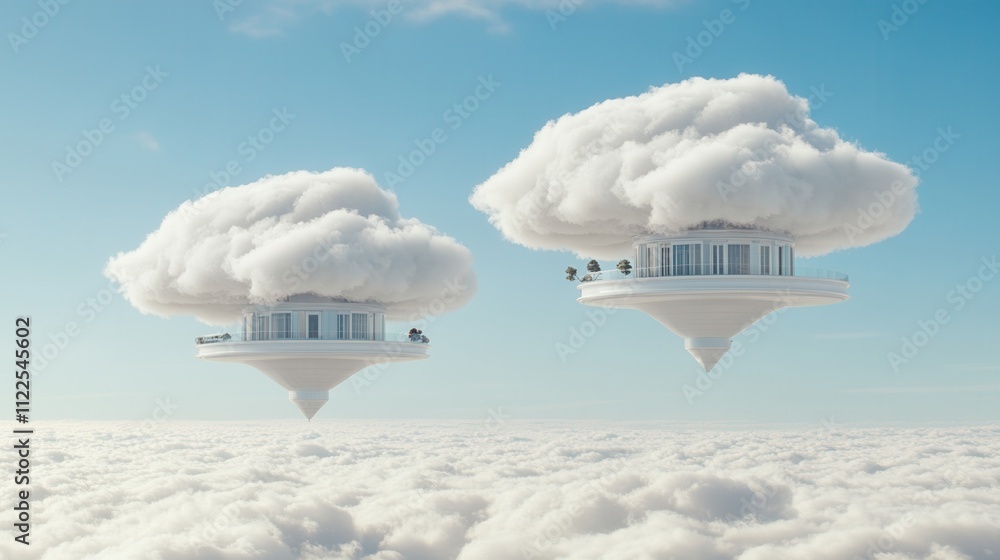 Aufkleber two floating cloud structures hover above a sea of clouds, featuring modern architecture and serene 