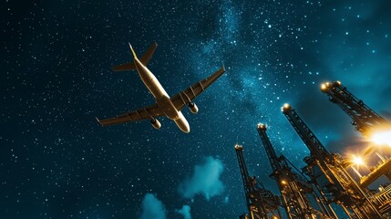 Fototapeta premium Airplane Flying Over Industrial Landscape at Night Under Starry Sky with Beautiful Milky Way in Background Capturing Dynamic Urban Environment