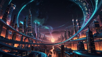 Obraz premium Futuristic Cityscape with Elevated Highways and Glowing Towers