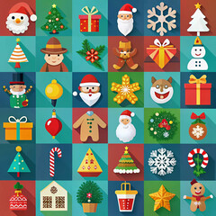A large set of Christmas icons in a flat style, including festive symbols like Santa