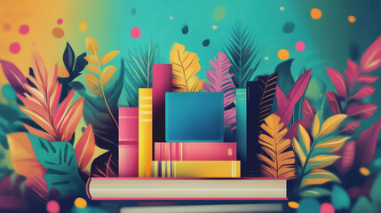 Obraz premium Colorful Books and Vibrant Leaves Create a Playful Atmosphere for Learning and Imagination in an Artistic Illustration