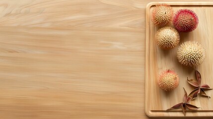 Fototapeta premium Rambutan with its spiky red skin and juicy white flesh exposed, Fruit photography, copy space