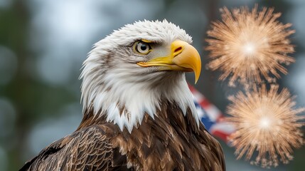 Fototapeta premium Majestic Bald Eagle Fireworks American Flag 4th of July Independence Day