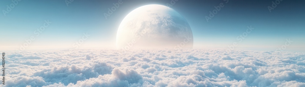 Poster a serene sky view with fluffy clouds and a large, luminous celestial body peeking over the horizon, 