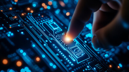 Obraz premium Artificial intelligence (AI) circuit board represented in the shape of an electronic PCB icon, activated by a businessman�s finger with cyberpunk lighting.