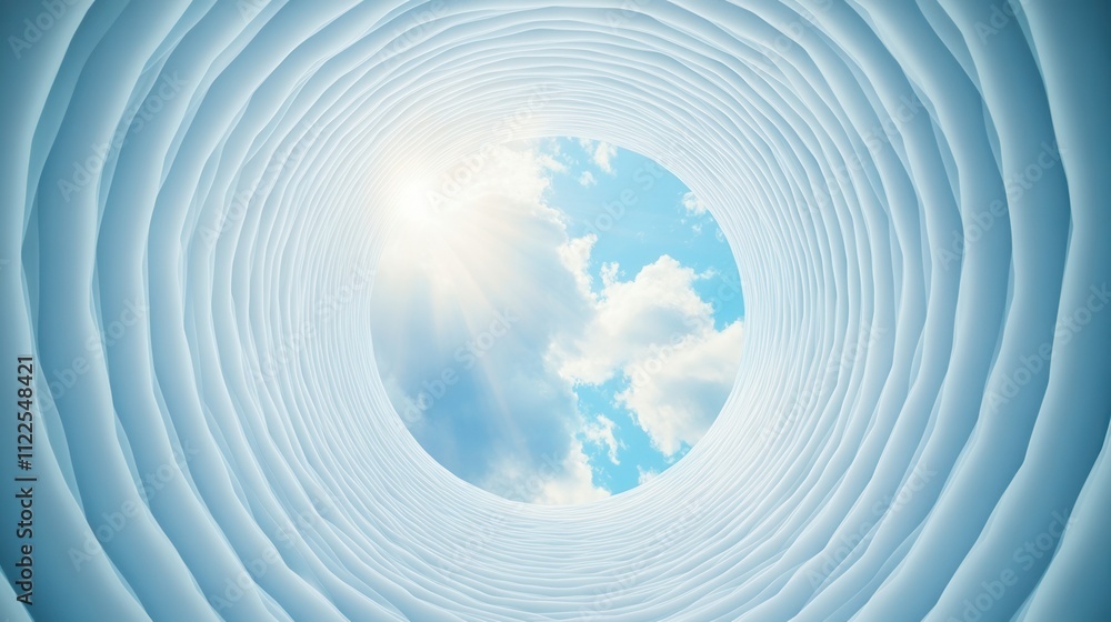 Poster a serene view looking up through a circular formation, revealing a bright blue sky with fluffy cloud