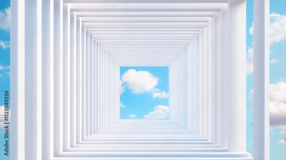 Poster a mesmerizing perspective view of white frames creating a tunnel effect, leading to a bright blue sk