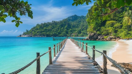 Fototapeta premium Travel image showing a wooden pier leading into the turquoise ocean on an exotic beach