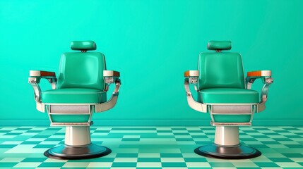 Fototapeta premium Retro Barbershop Chairs Vintage Green Mint Room 1950s Style Classic Design Salon Inte