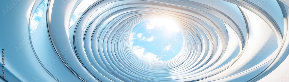 Poster a mesmerizing view of a spiral structure leading to a bright sky, evoking feelings of depth and tran
