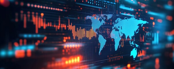 Obraz premium Abstract digital world map with glowing lights and global business data graphs on a dark background