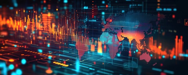 Fototapeta premium Abstract digital world map with glowing lights and global business data graphs on a dark background
