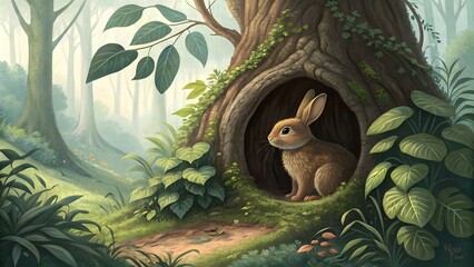 A brown rabbit sits in a hollow tree in green forest.