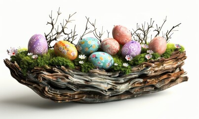 Easter egg basket Set on several years old wooden planks, natural background.
