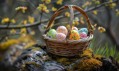 Easter egg basket Set on several years old wooden planks, natural background.
