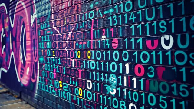 A wall adorned with an abundance of painted numbers, creating an intriguing and mathematically-themed display, A graffiti wall covered with an artistic design using binary code