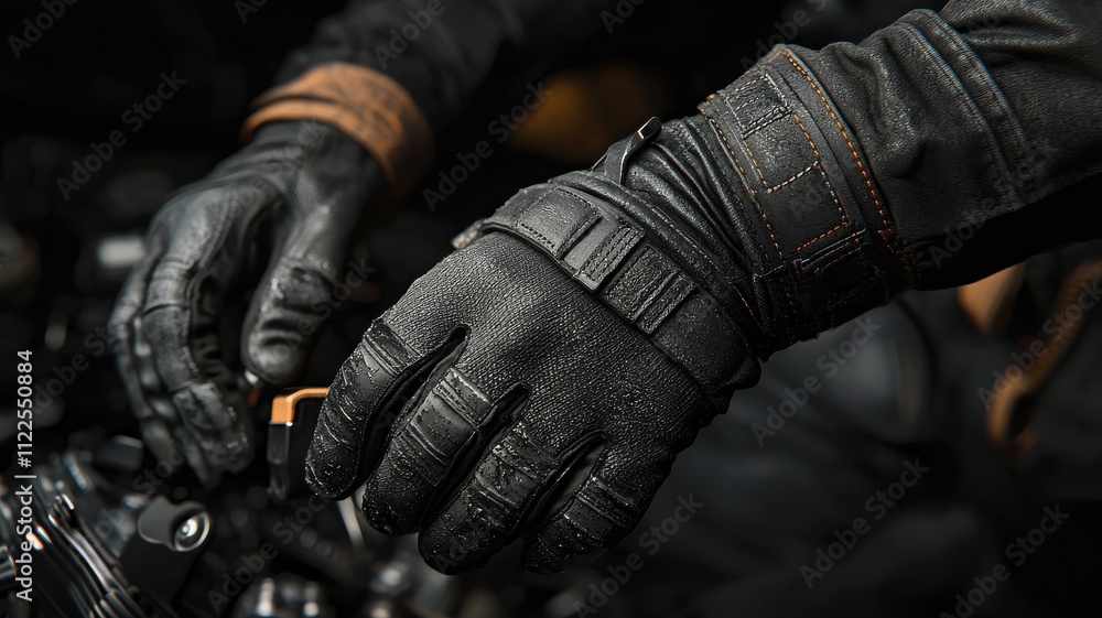 Poster a close-up of gloved hands working on mechanical components, showcasing attention to detail and the 