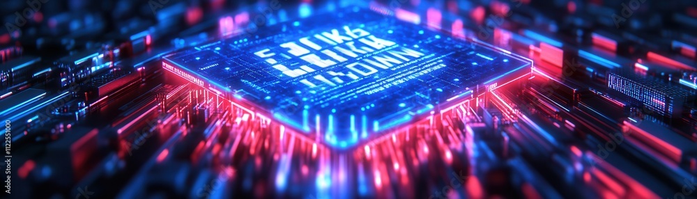 Poster a vibrant digital circuit board featuring a glowing microchip amid a burst of colorful lights, symbo