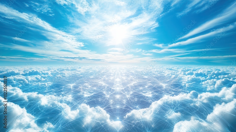 Poster a serene sky filled with fluffy clouds, illuminated by bright sunlight, creating a calm and tranquil