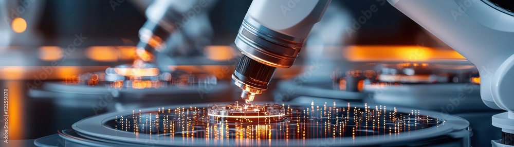 Poster a close-up of advanced robotic arms and a microscope examining intricate electronic circuits with gl