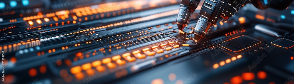 Poster a close-up view of a robotic hand interacting with a vibrant, illuminated circuit board showcasing a