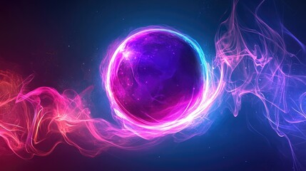Obraz premium Abstract neon energy sphere of particles and waves of magical glowing on a dark background, circle and loop frames with magic purple and pink flame and sparks isolated on blue,
