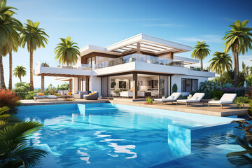 Fototapeta premium Luxury villa haven with a minimalist pool and expansive garden space