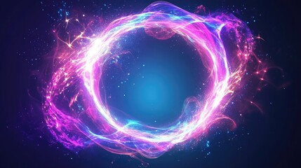 Abstract neon energy sphere of particles and waves of magical glowing on a dark background, circle and loop frames with magic purple and pink flame and sparks isolated on blue,