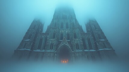 A fog-shrouded cathedral exudes an eerie atmosphere, emphasizing its grandeur and mystery.