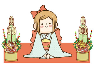 着物女子とお正月の門松が飾られたイラスト