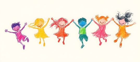 Obraz premium Cute cartoon children's drawing of many happy kids holding hands and jumping, white background, colorful , simple hand drawn style,