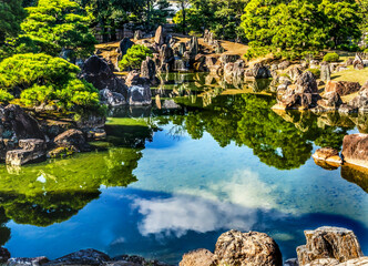 Ninomaru Garden Waterfall Pond Reflection Nijo Castle Kyoto Japan