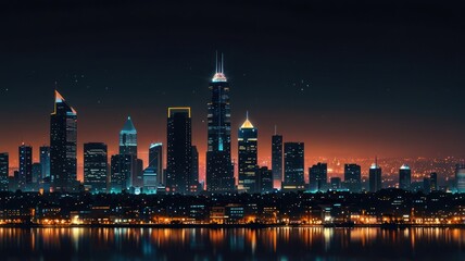 Obraz premium Night City Skyline Reflecting on Calm Water