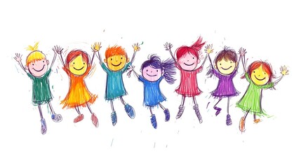 Fototapeta premium Cute cartoon children's drawing of many happy kids holding hands and jumping, white background, colorful , simple hand drawn style,